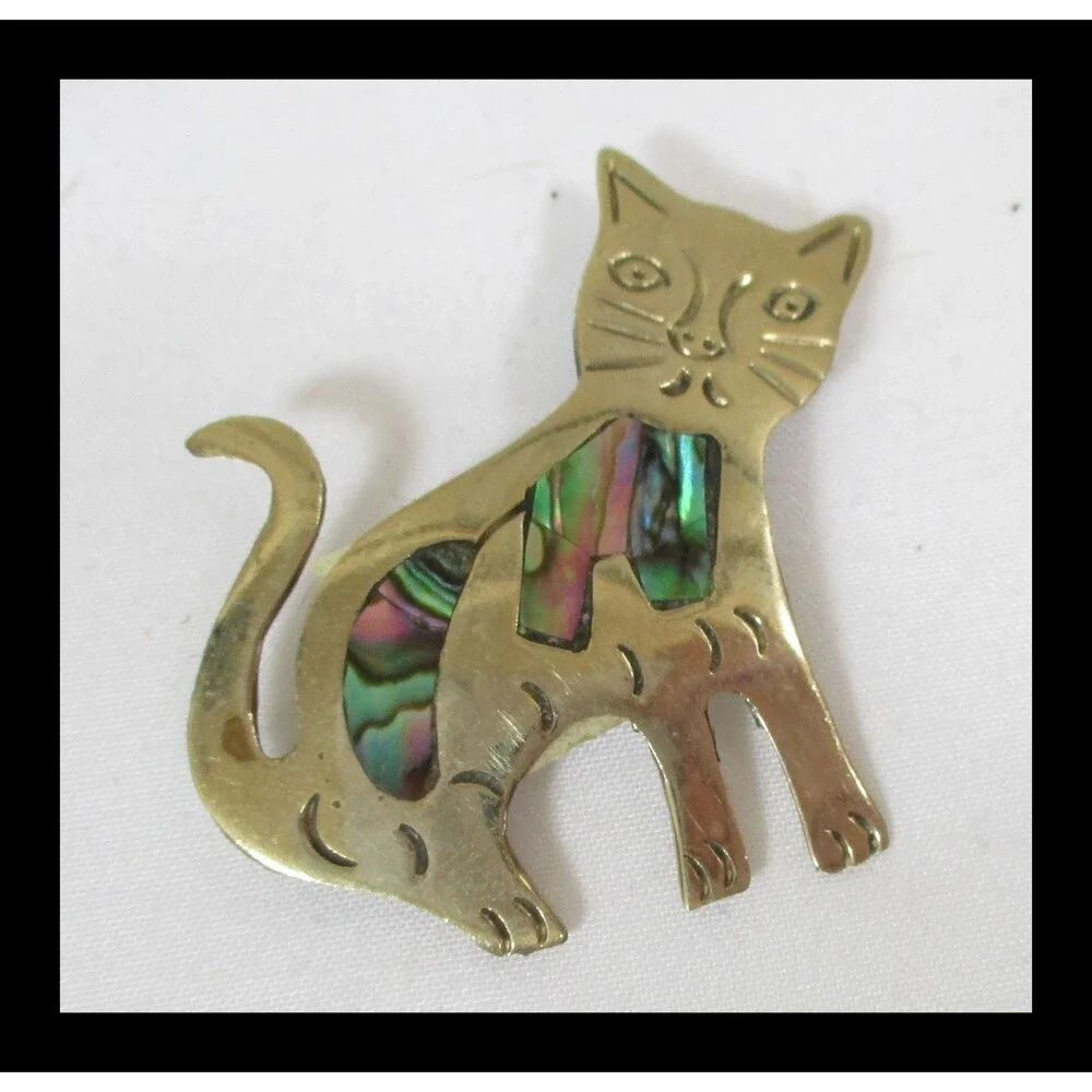 Vintage Mexican Alpaca Cat Brooch Pin Abalone Inlaid 1-3/4